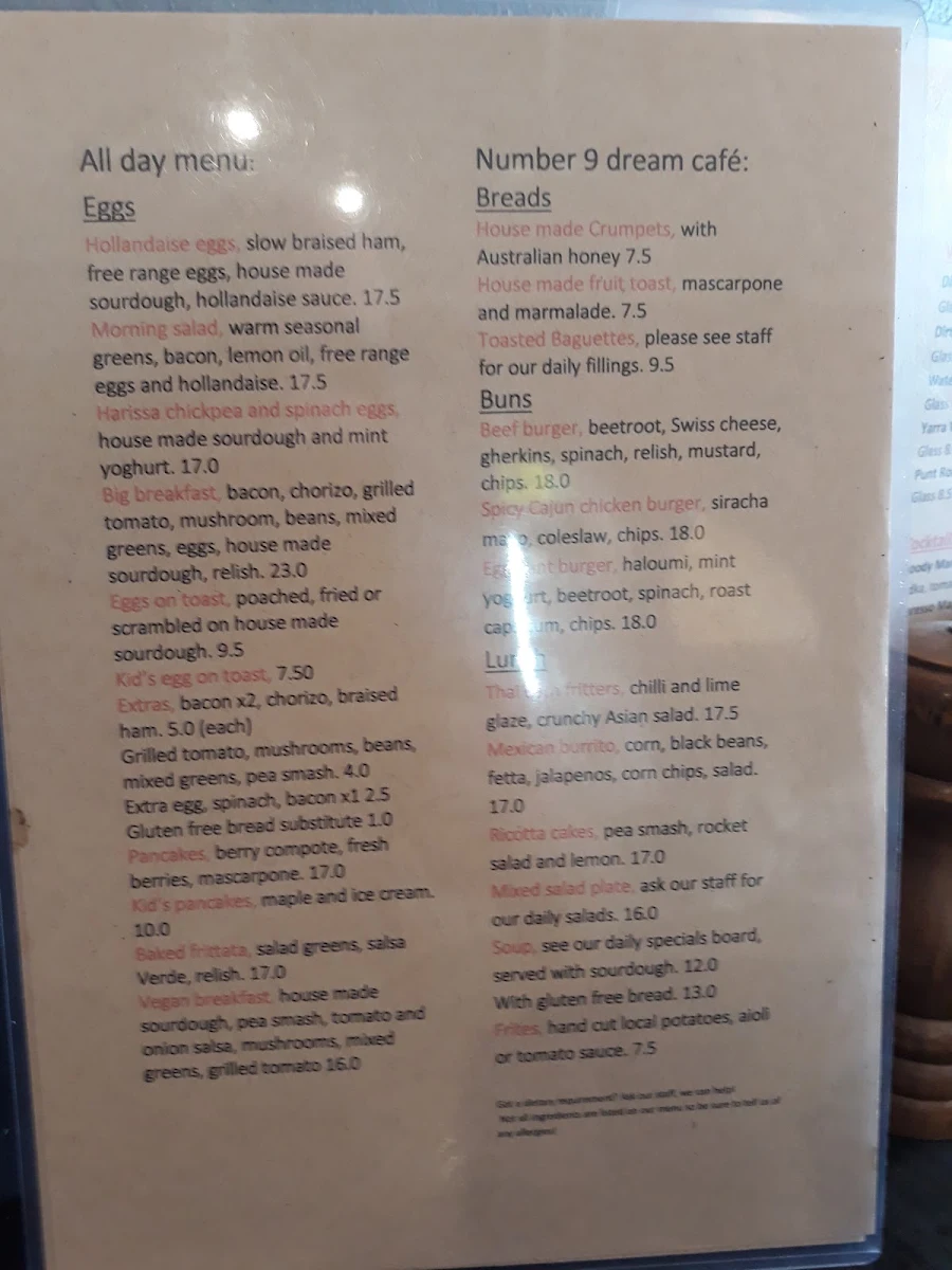 Menu, Number 9 Dream