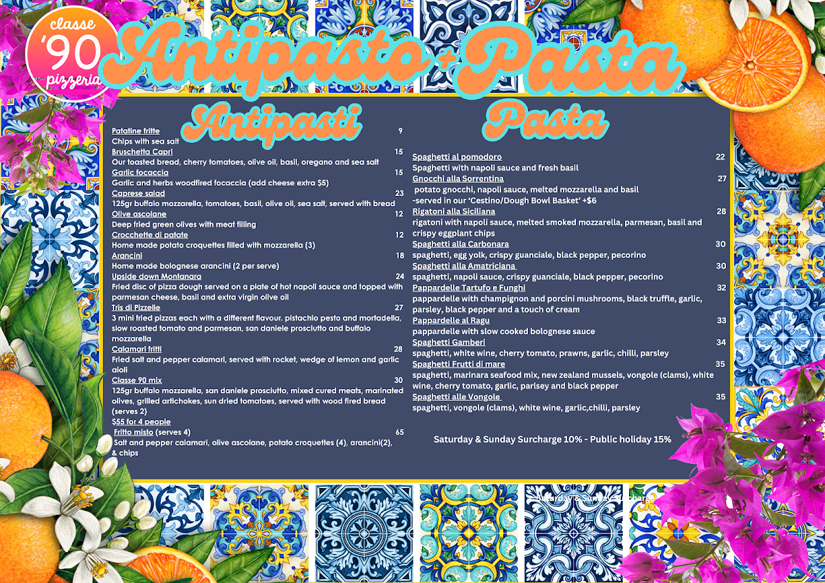 Menu, Classe 90 Pizzeria