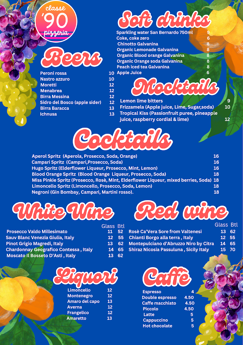 Menu, Classe 90 Pizzeria