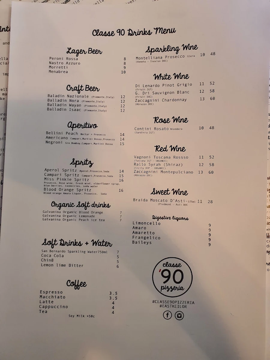Menu, Classe 90 Pizzeria