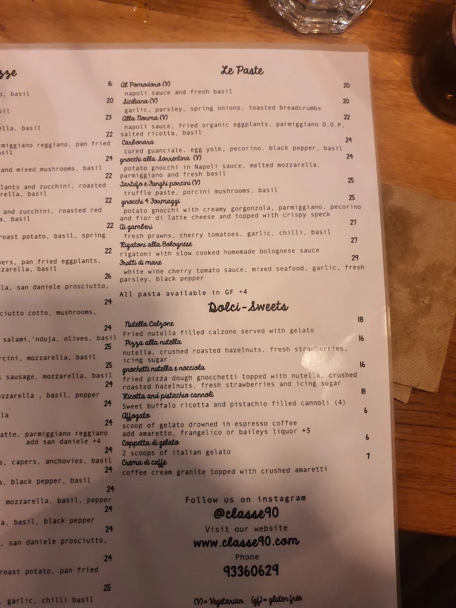 Menu, Classe 90 Pizzeria