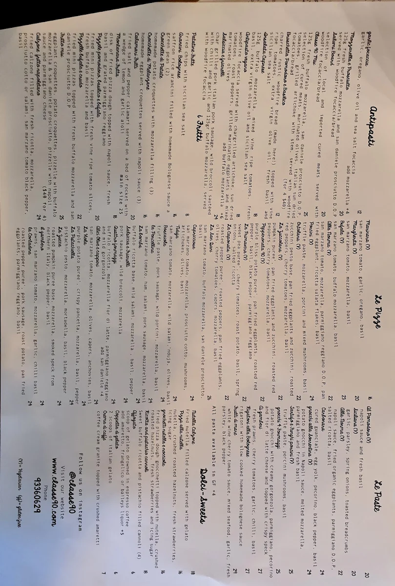 Menu, Classe 90 Pizzeria