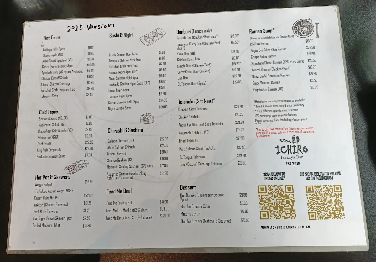 Menu, Ichiro Izakaya Bar