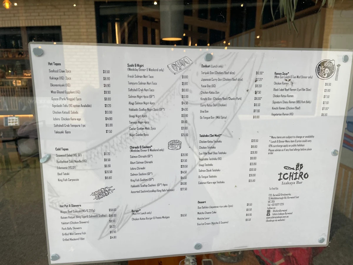 Menu, Ichiro Izakaya Bar