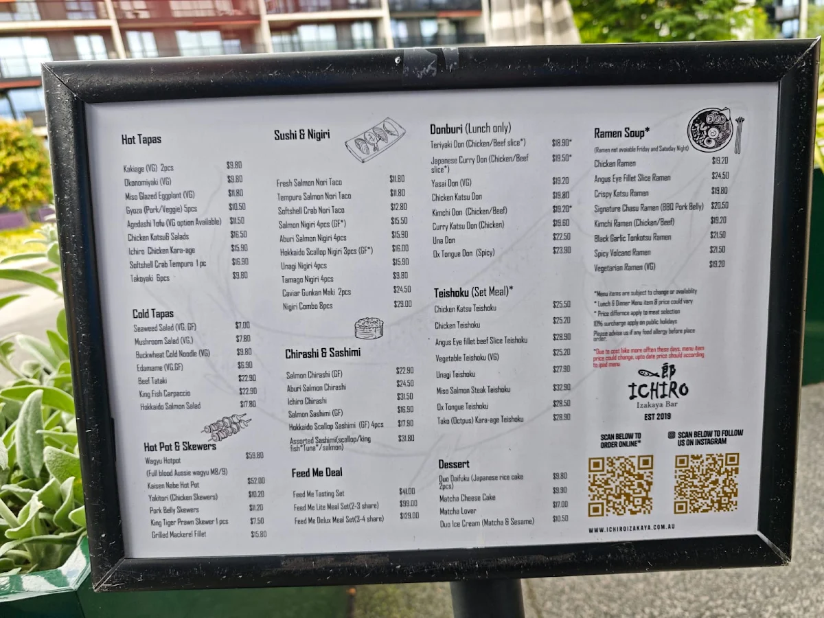 Menu, Ichiro Izakaya Bar