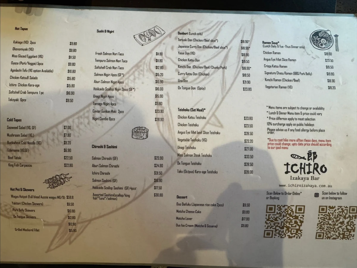 Menu, Ichiro Izakaya Bar