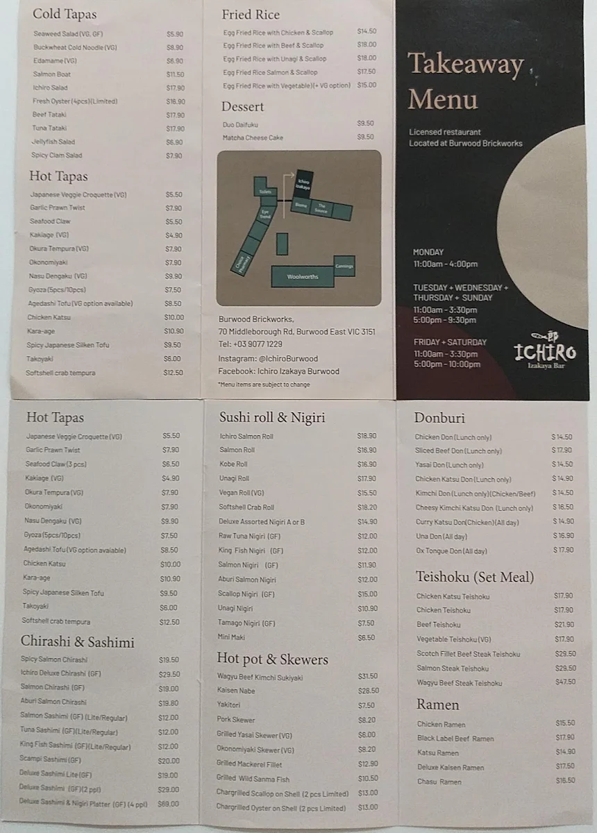 Menu, Ichiro Izakaya Bar