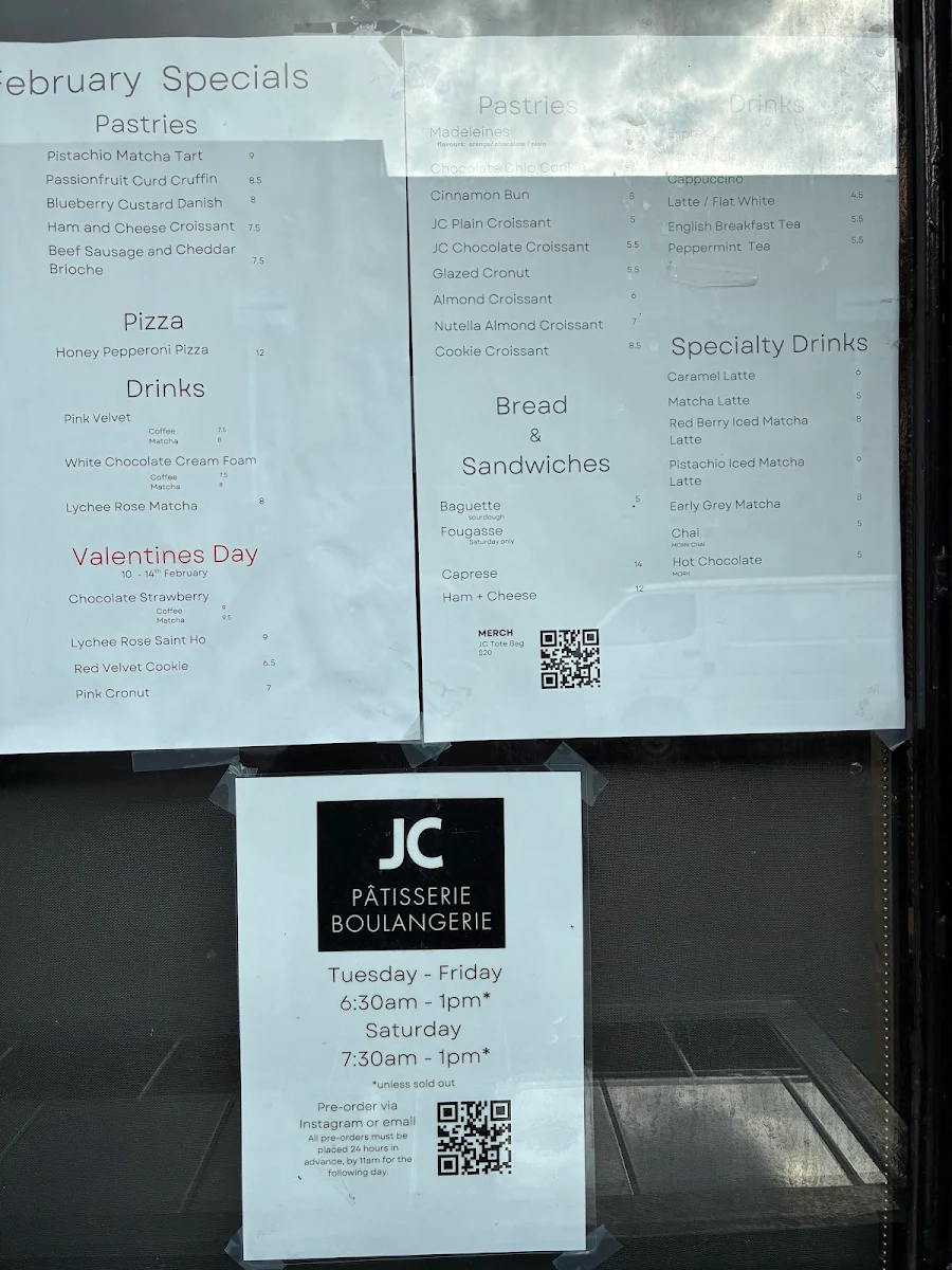 Menu, JC Patisserie Boulangerie