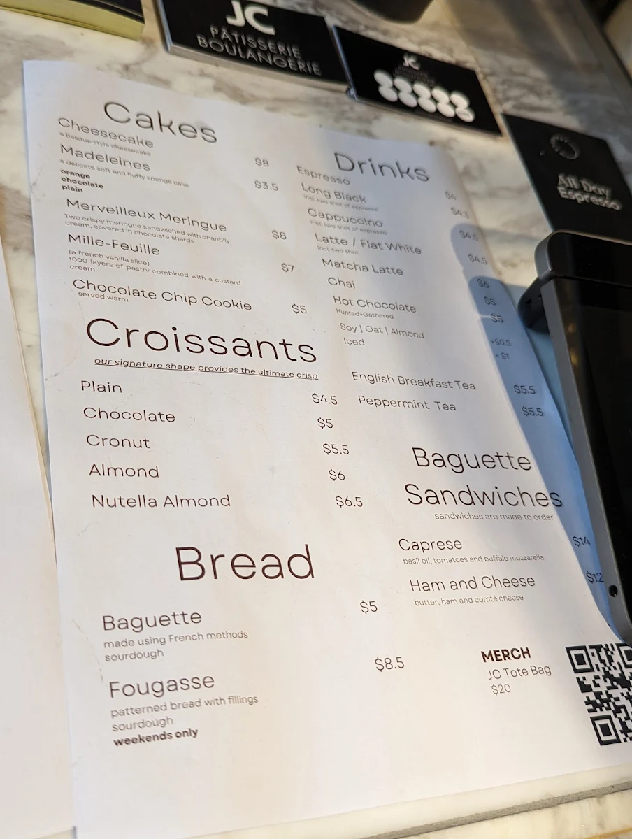Menu, JC Patisserie Boulangerie