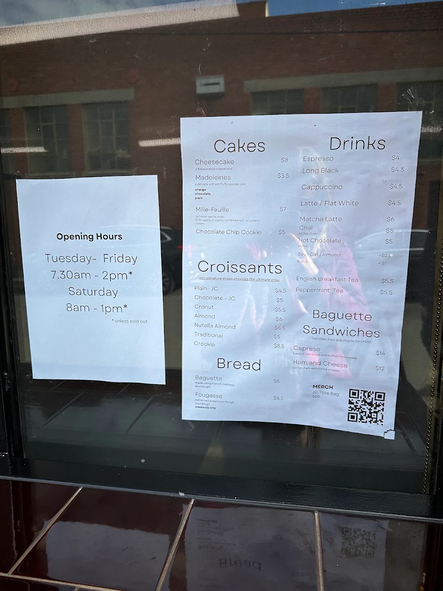 Menu, JC Patisserie Boulangerie