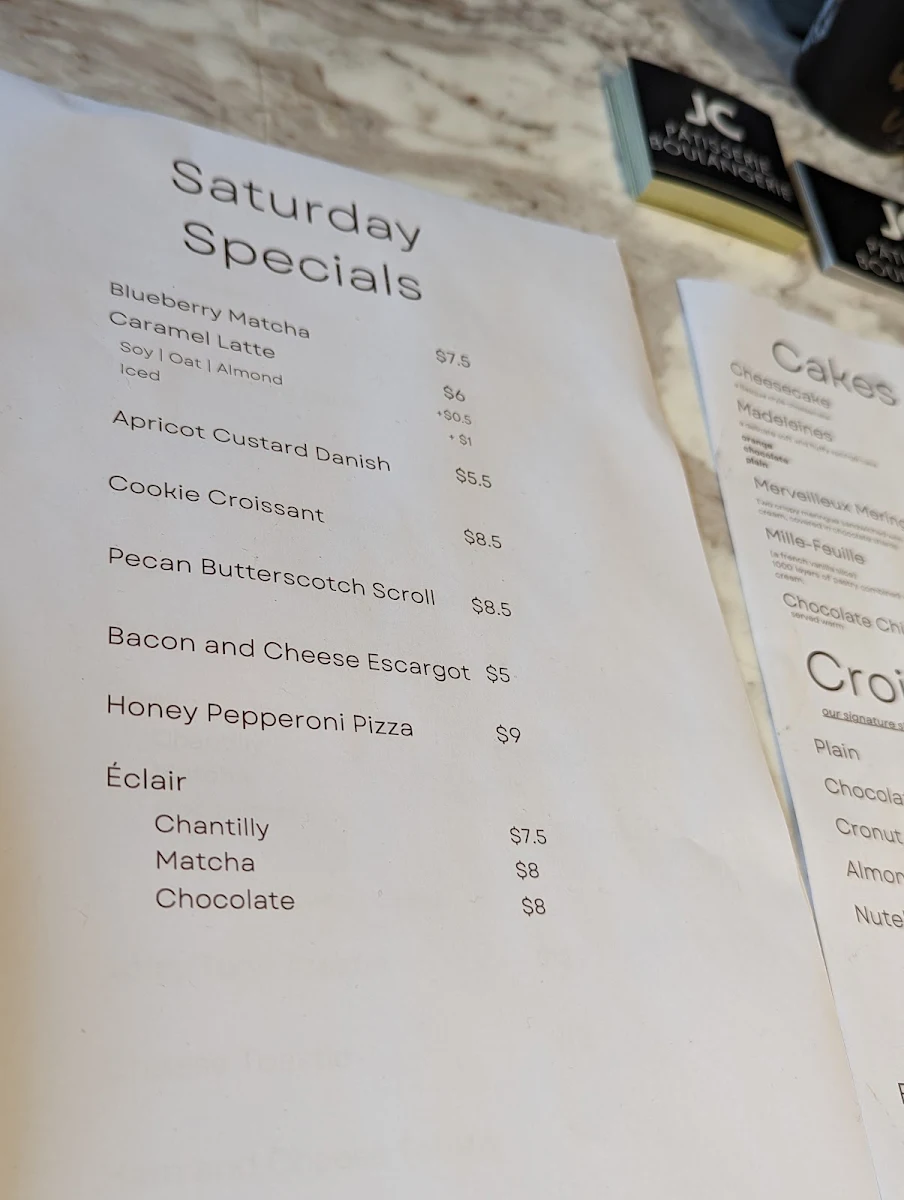 Menu, JC Patisserie Boulangerie