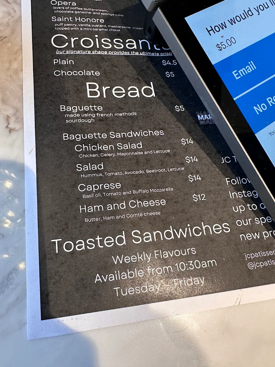 Menu, JC Patisserie Boulangerie