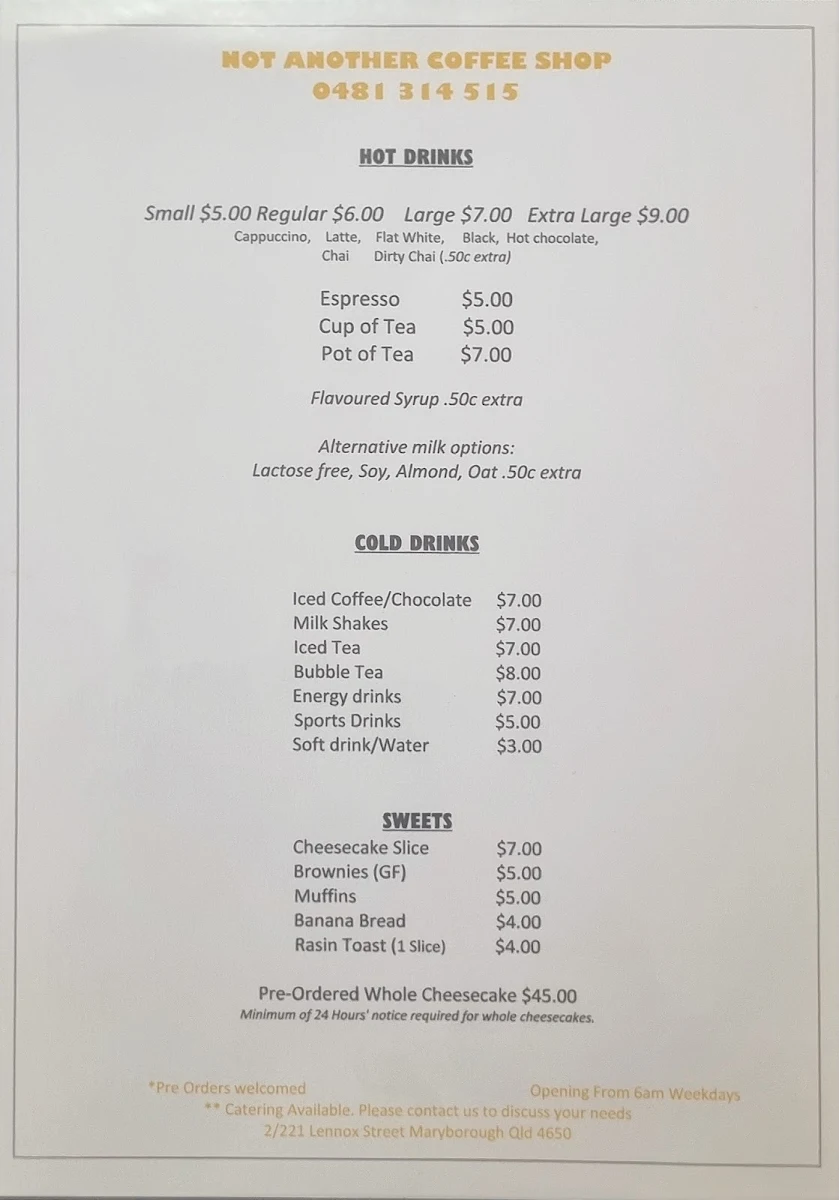Menu, Not Another Coffee Shop