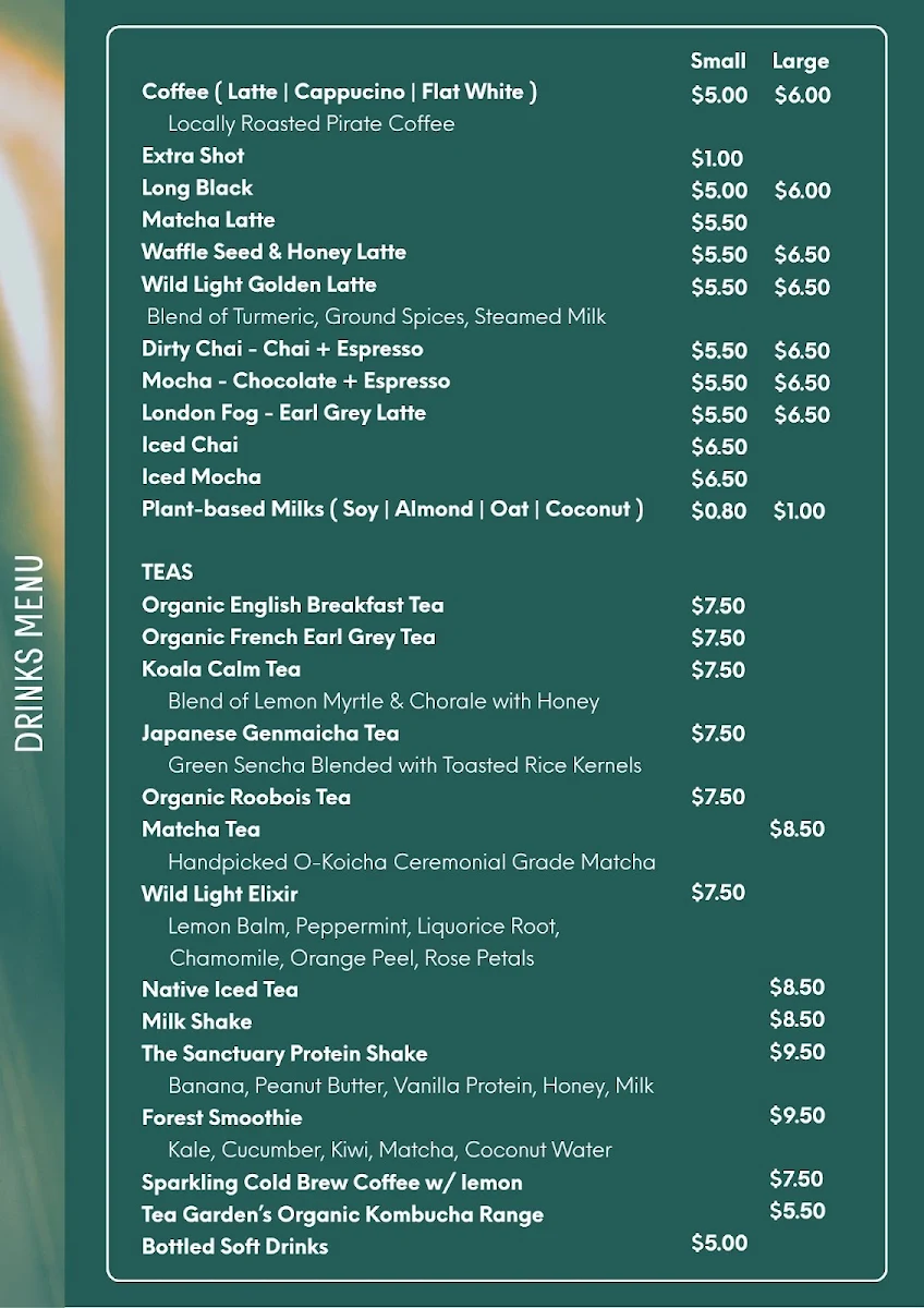 Menu, Wild Light Cafe