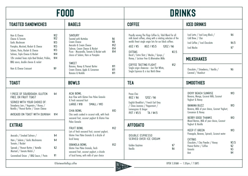 Menu, Between the Flags Coffee