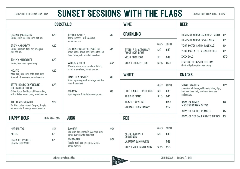 Menu, Between the Flags Coffee