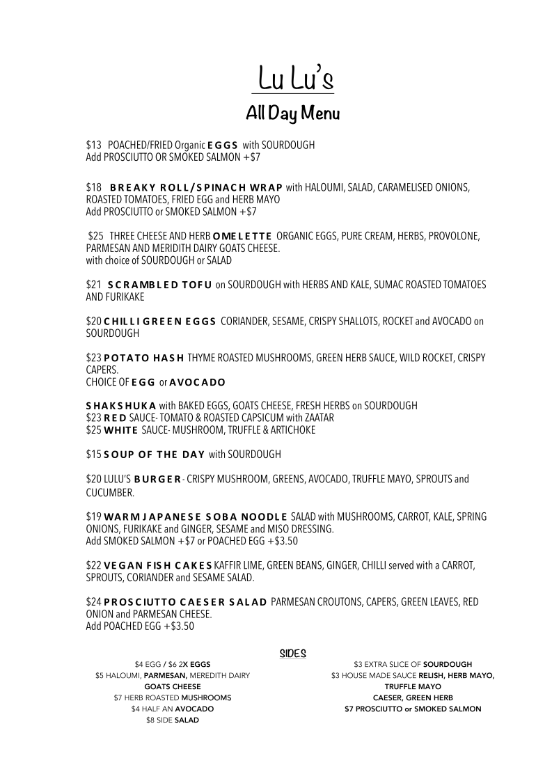 Menu, Lulu's Cafe