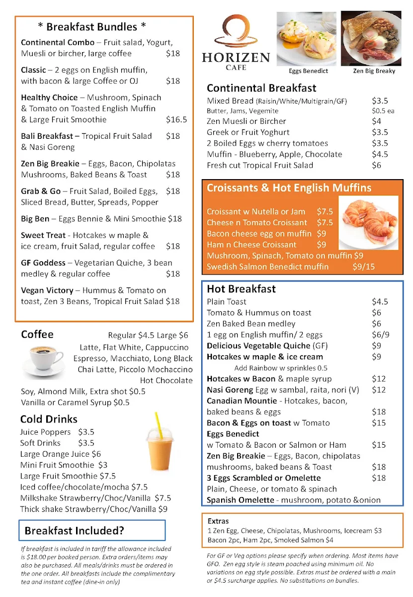 Menu, Horizen Cafe