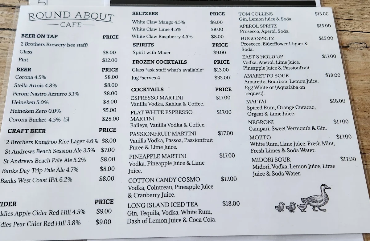Menu, Round About Cafe