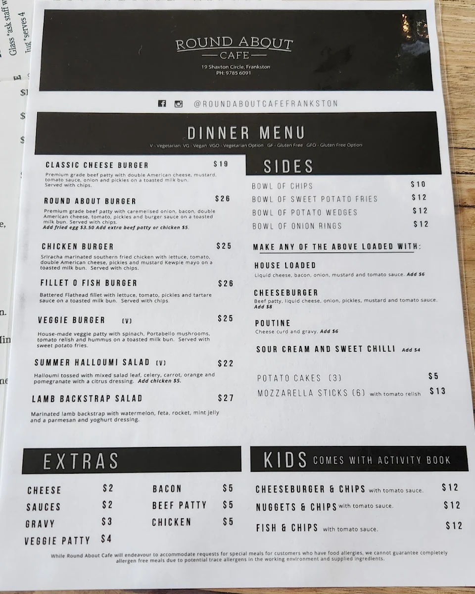 Menu, Round About Cafe