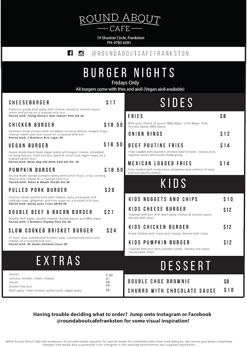 Menu, Round About Cafe