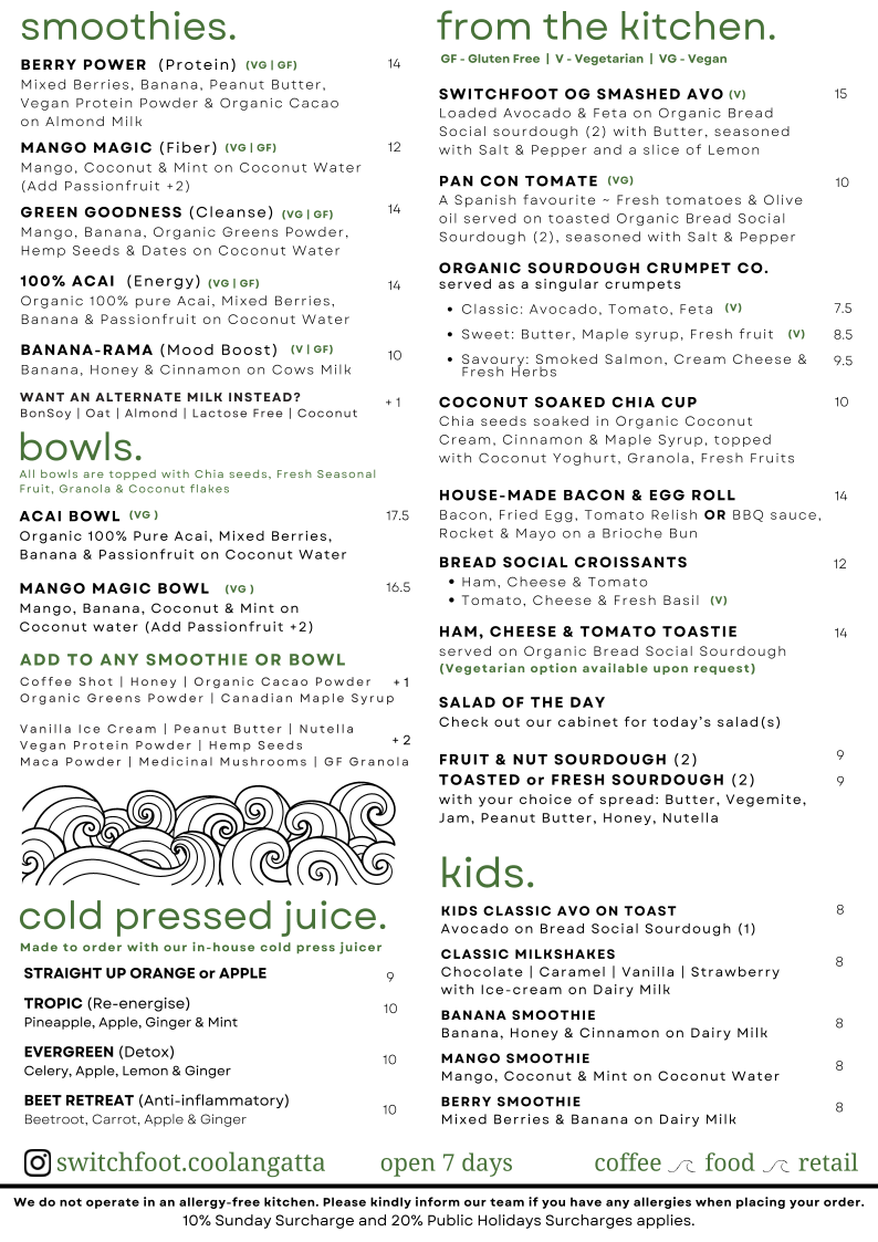 Menu, Switchfoot Cafe Coolangatta