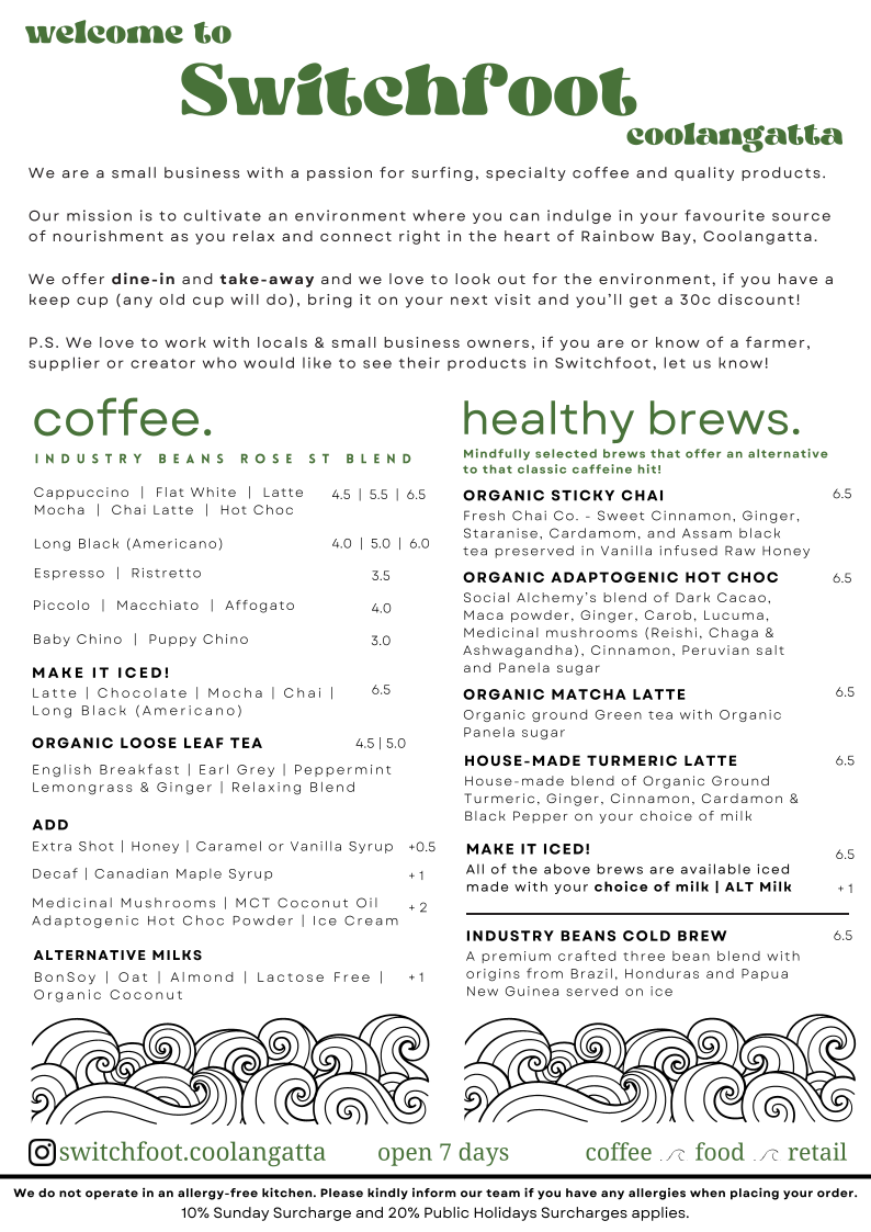 Menu, Switchfoot Cafe Coolangatta