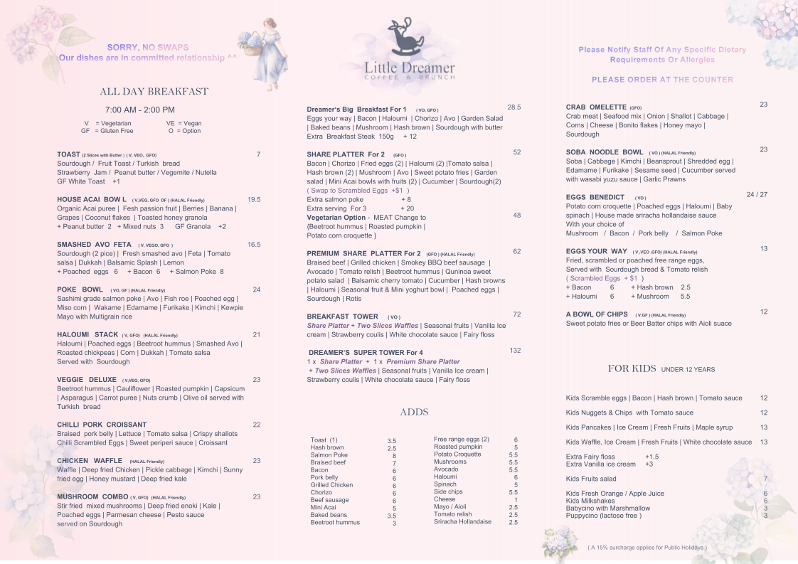 Menu, Little Dreamer Cafe