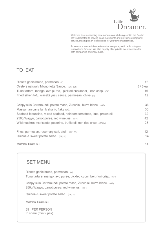Menu, Little Dreamer Cafe