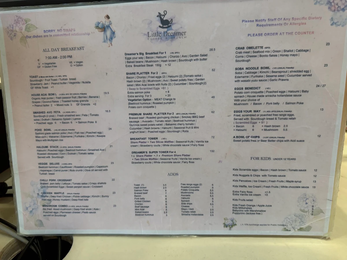 Menu, Little Dreamer Cafe