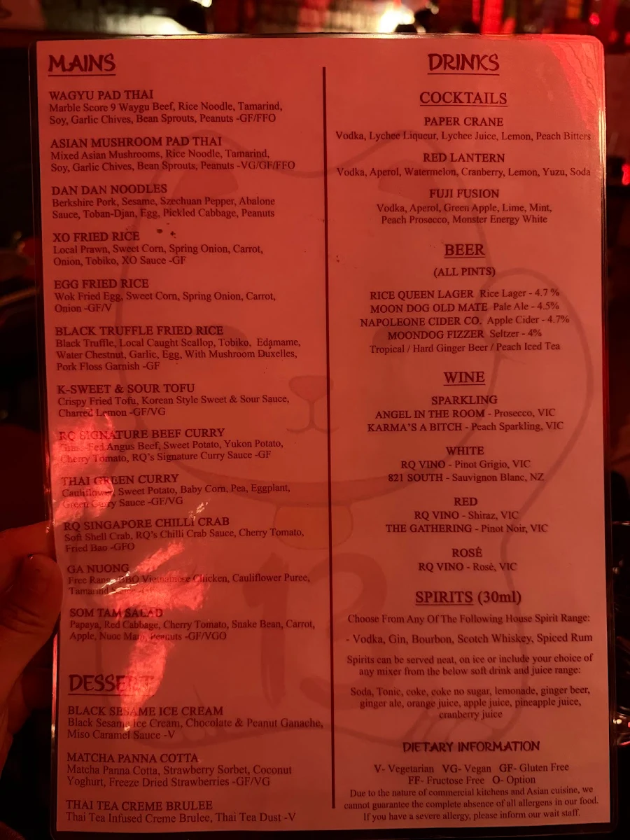 Menu, Rice Queen Oriental Diner and Bar