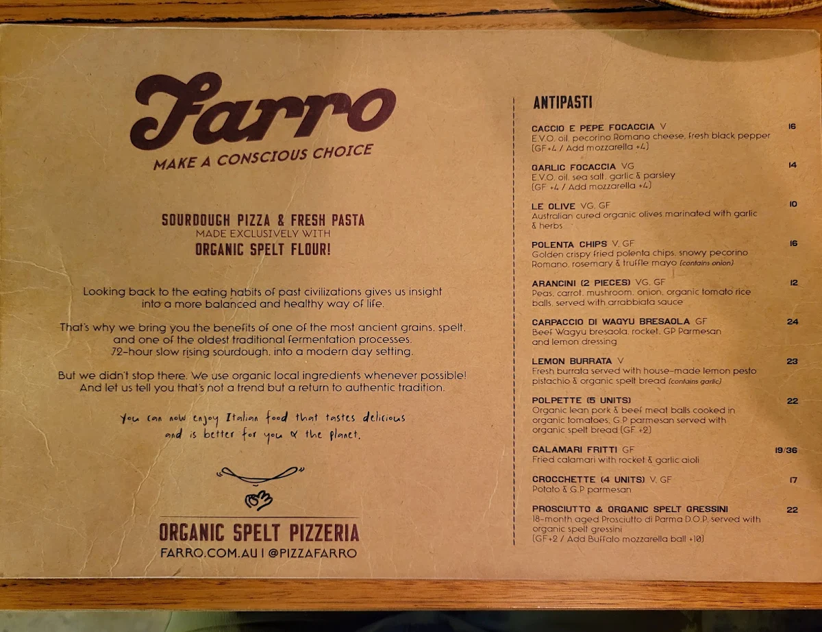 Menu, Farro Pizzeria Richmond