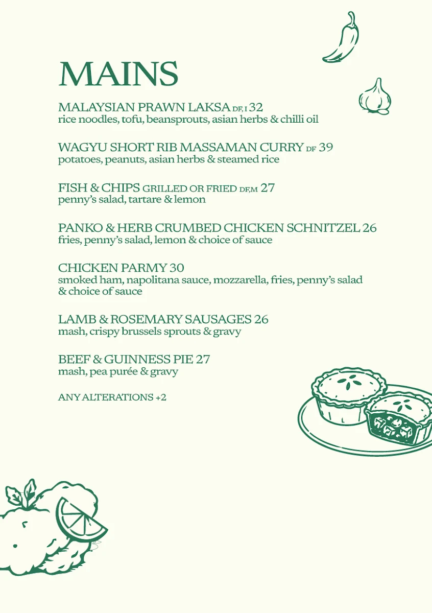 Menu, Pennys Hotel
