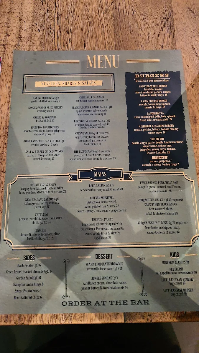 Menu, Pennys Hotel