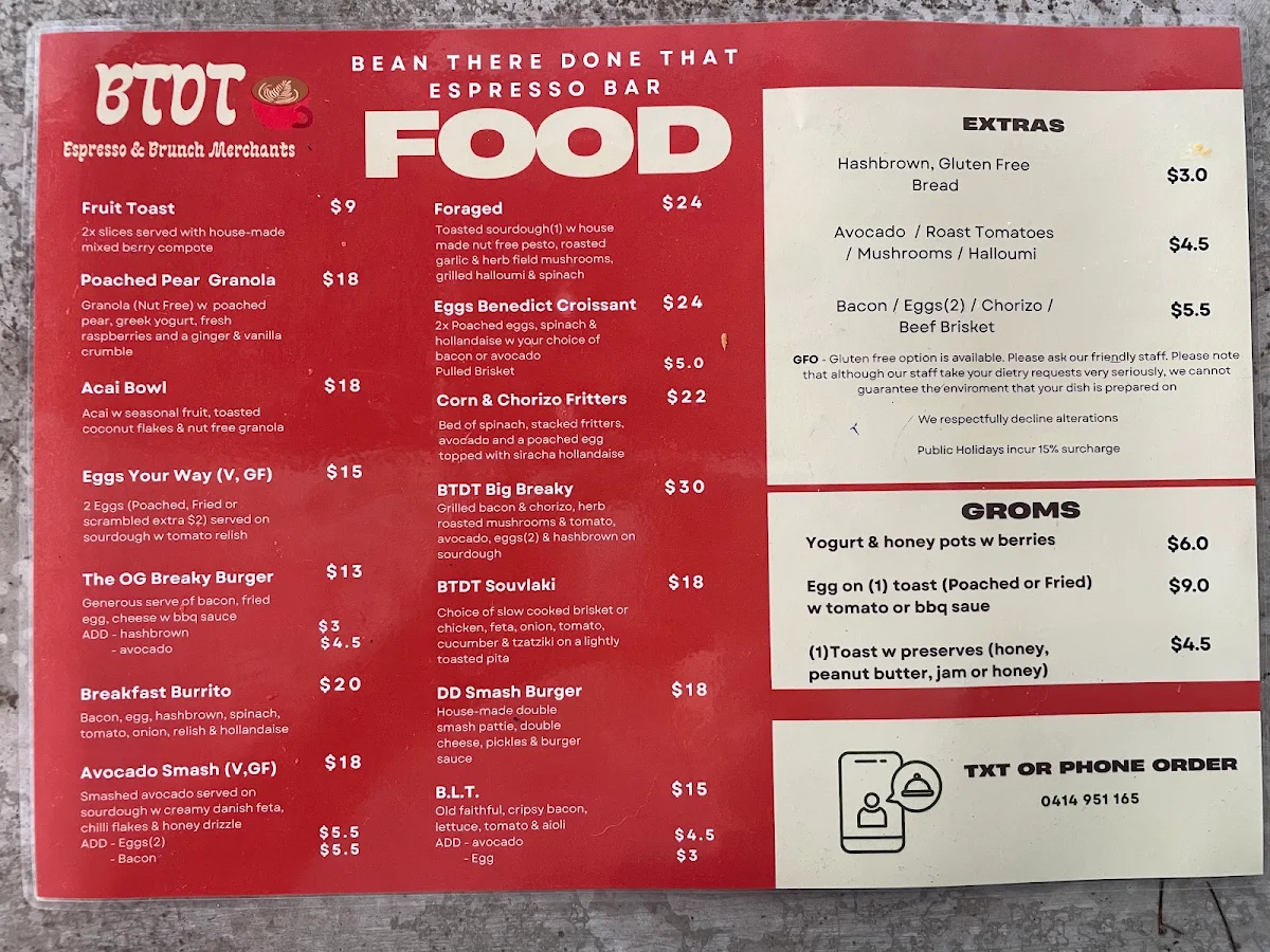 Menu, Bean There Done That Espresso Bar Bli Bli