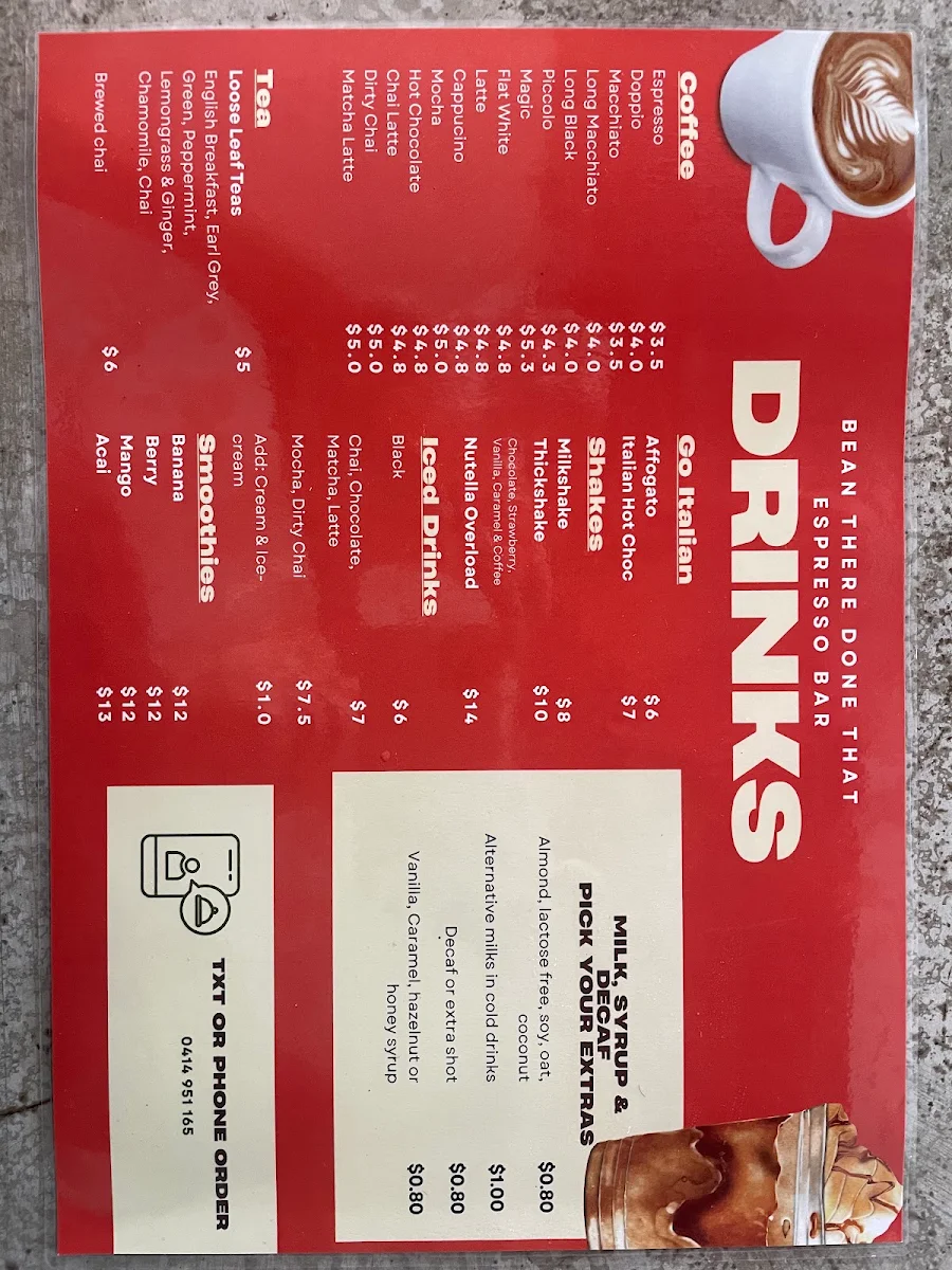 Menu, Bean There Done That Espresso Bar Bli Bli