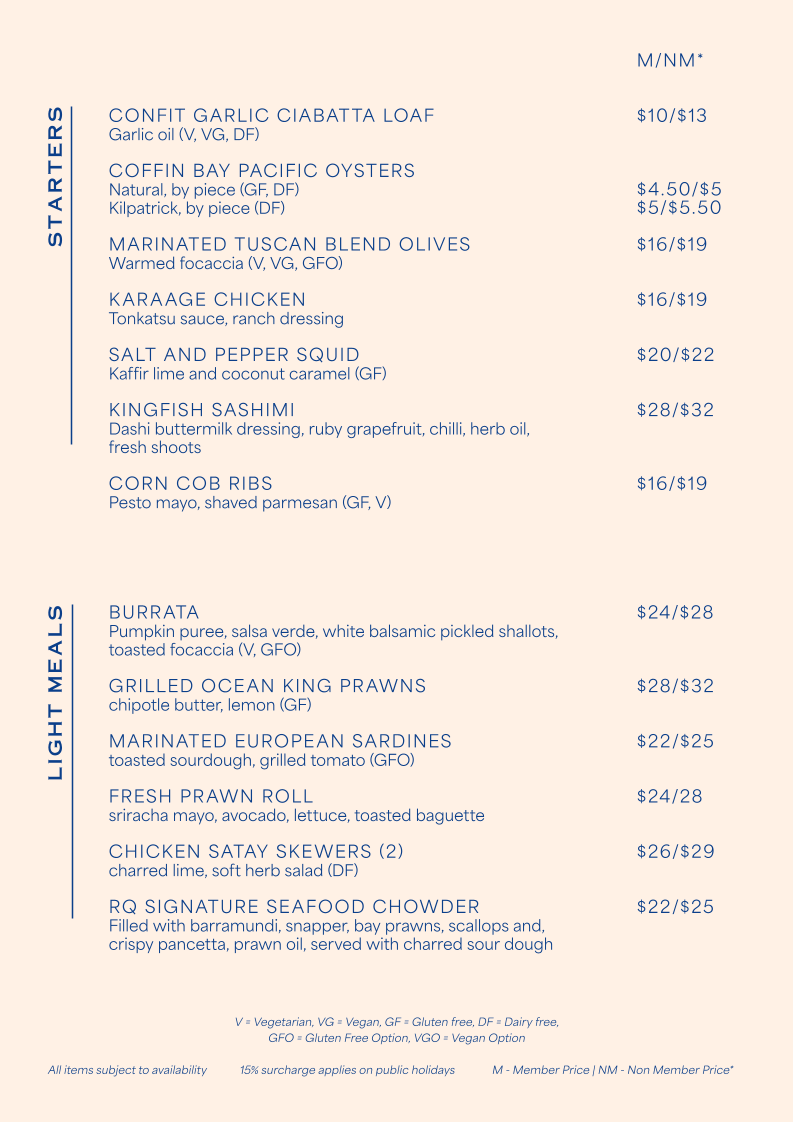 Menu, RQYS Bistro