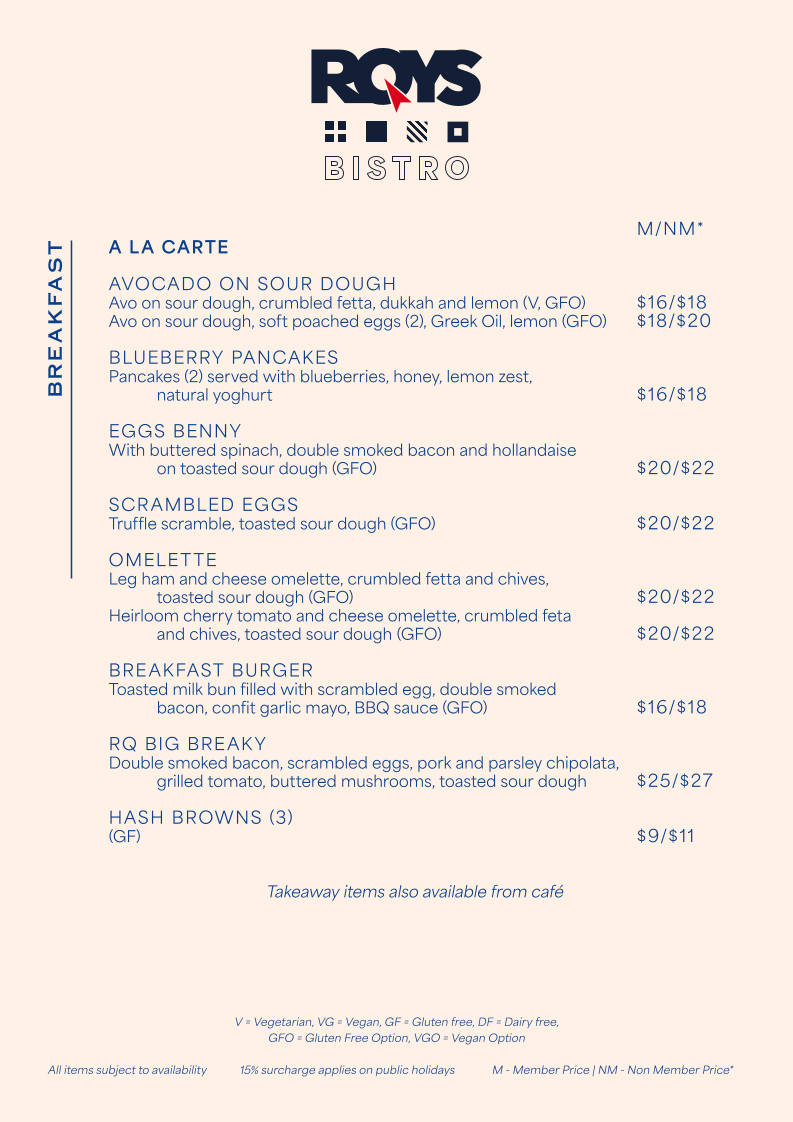Menu, RQYS Bistro