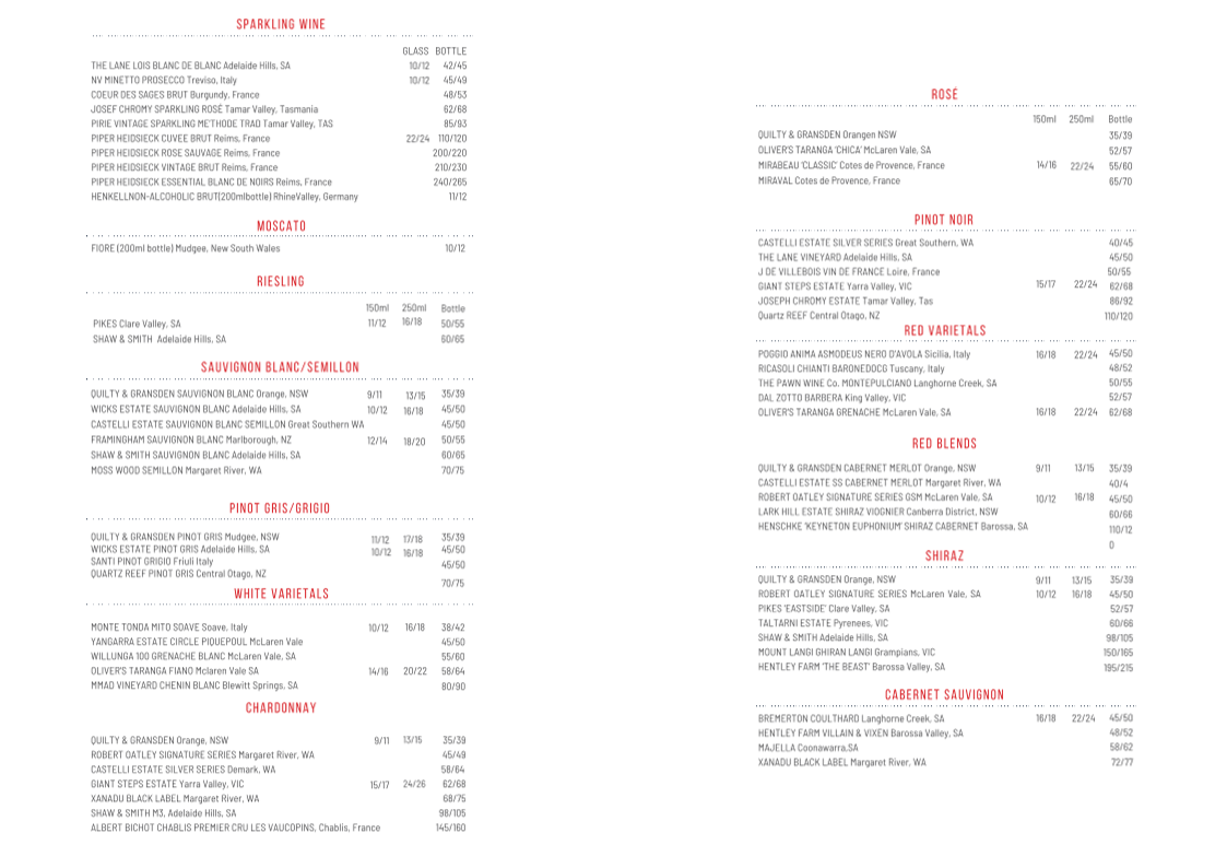 Menu, RQYS Bistro