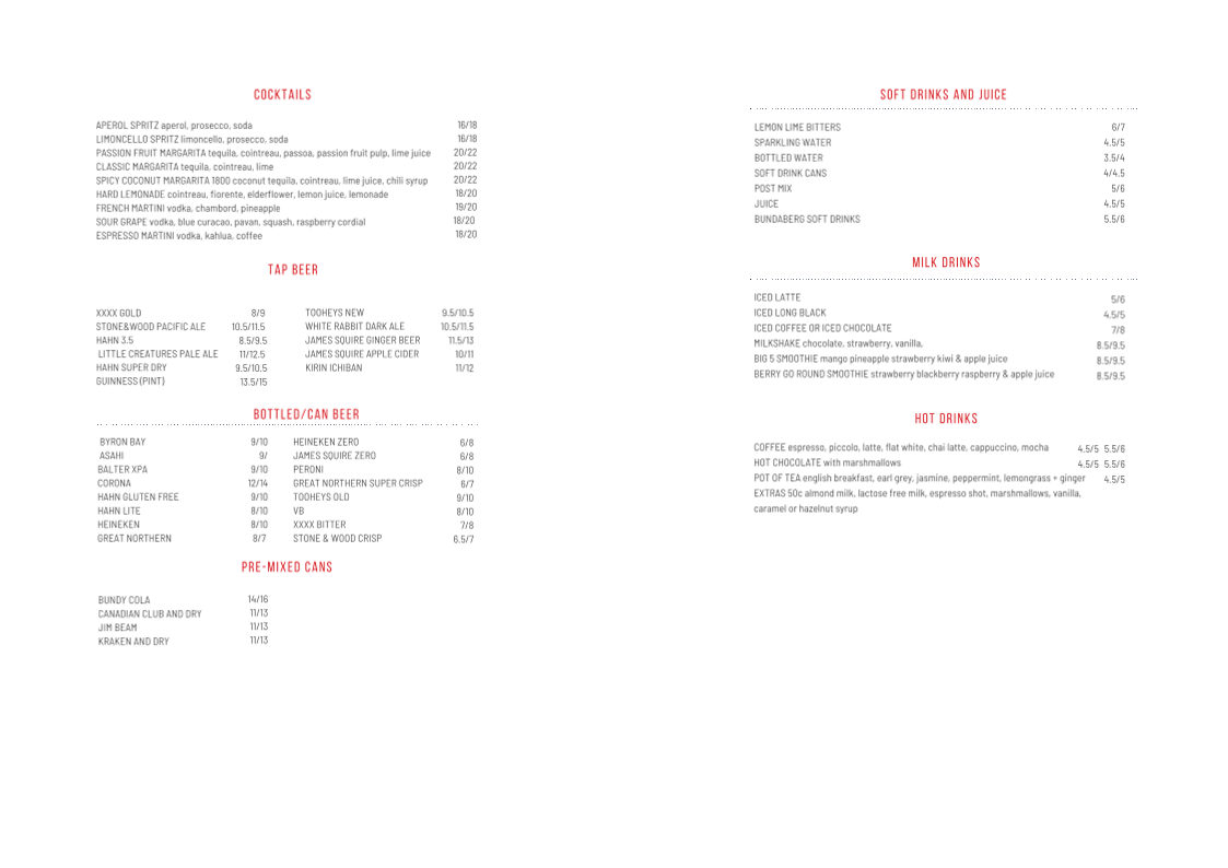 Menu, RQYS Bistro