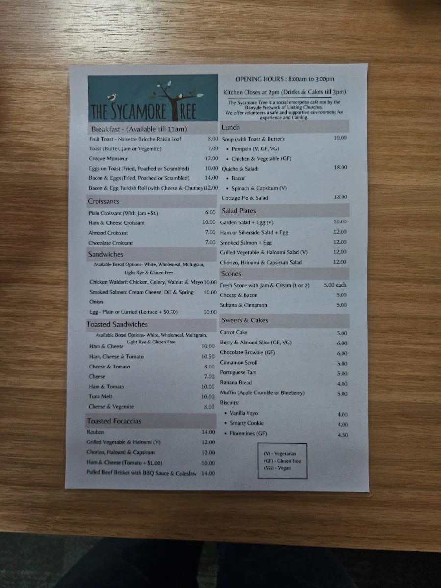Menu, Sycamore Tree Cafe
