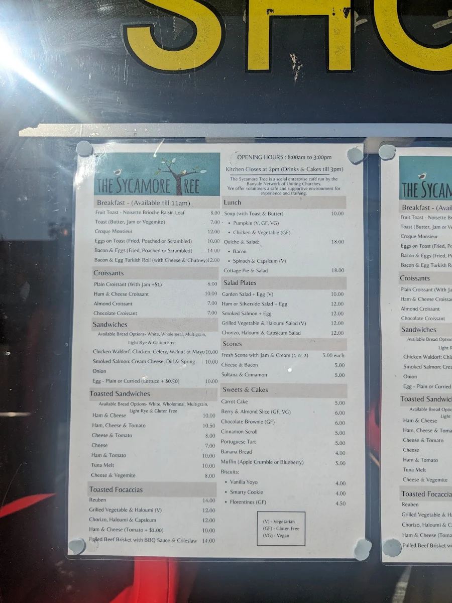 Menu, Sycamore Tree Cafe