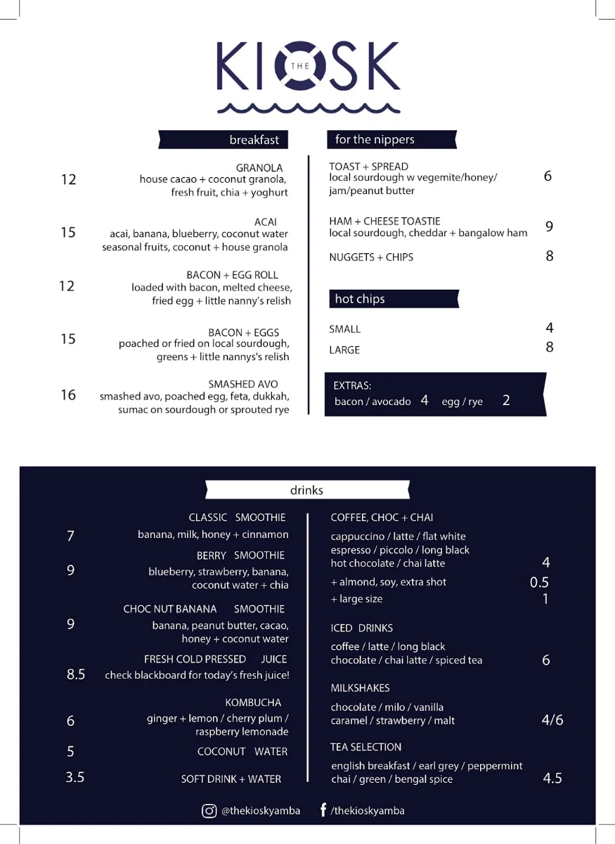 Menu, The Kiosk Yamba