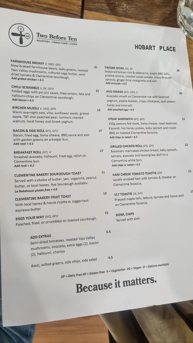 Menu, Two Before Ten Hobart Place