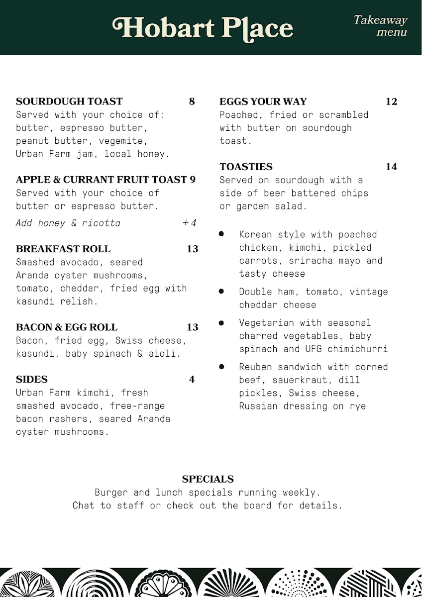 Menu, Two Before Ten Hobart Place