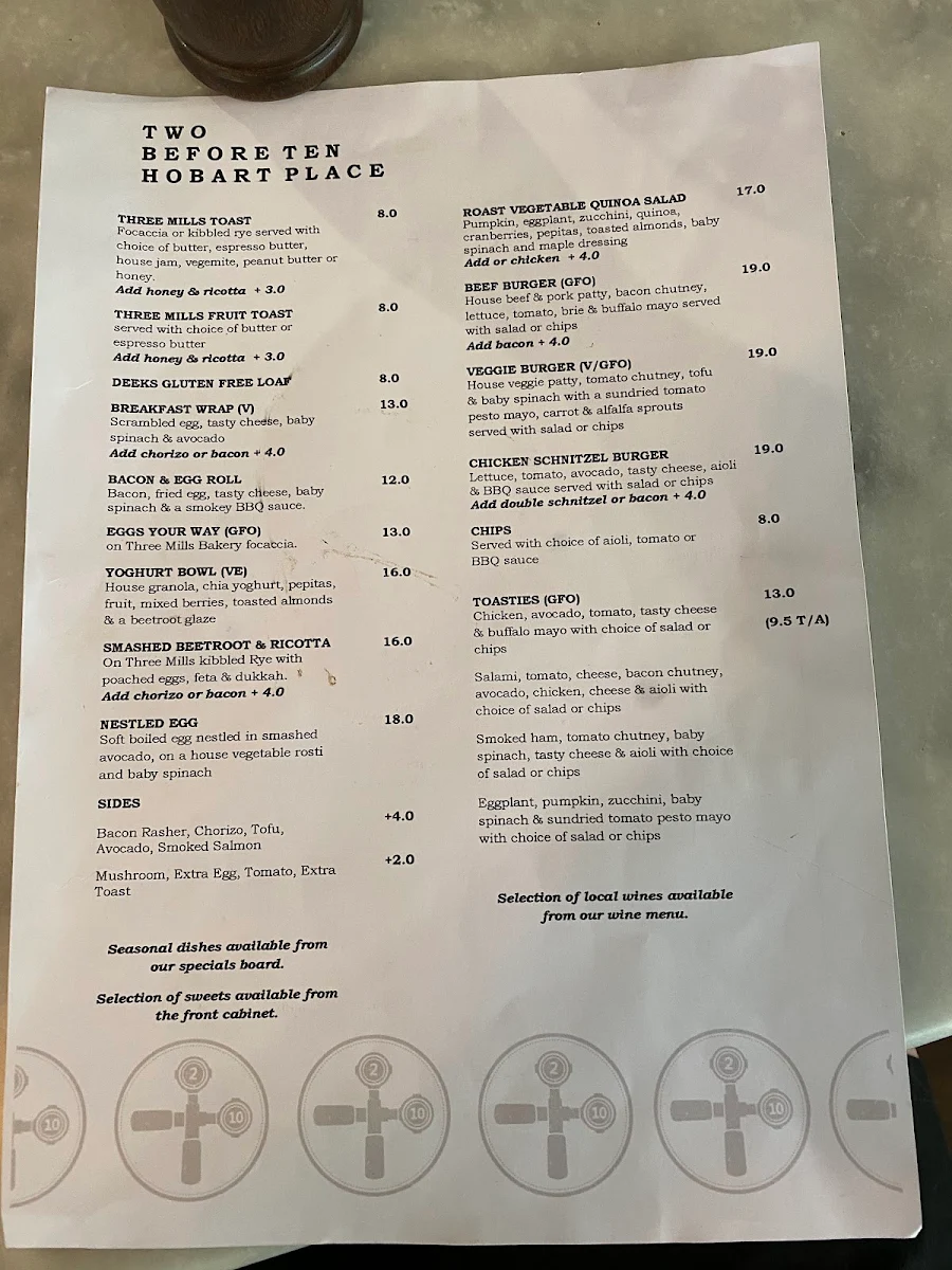 Menu, Two Before Ten Hobart Place