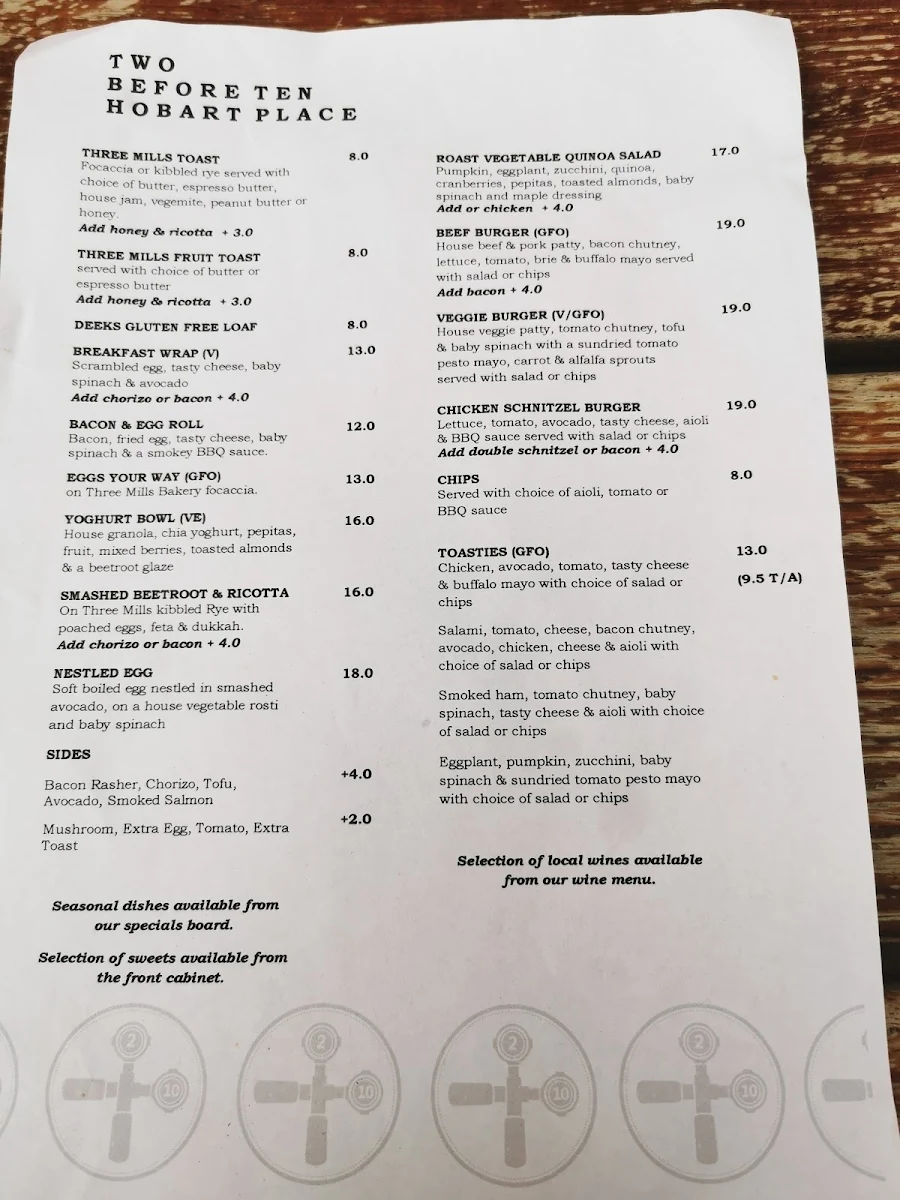 Menu, Two Before Ten Hobart Place