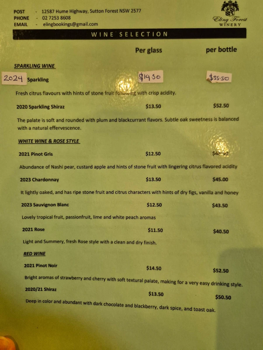 Menu, Eling Forest Winery Cafe