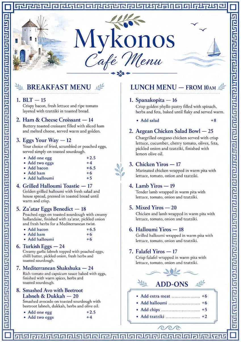 Menu, Mykonos Grill and Yiros Bar