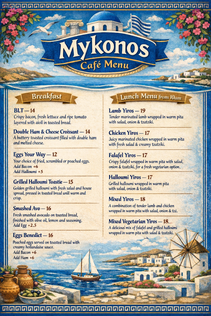 Menu, Mykonos Grill and Yiros Bar